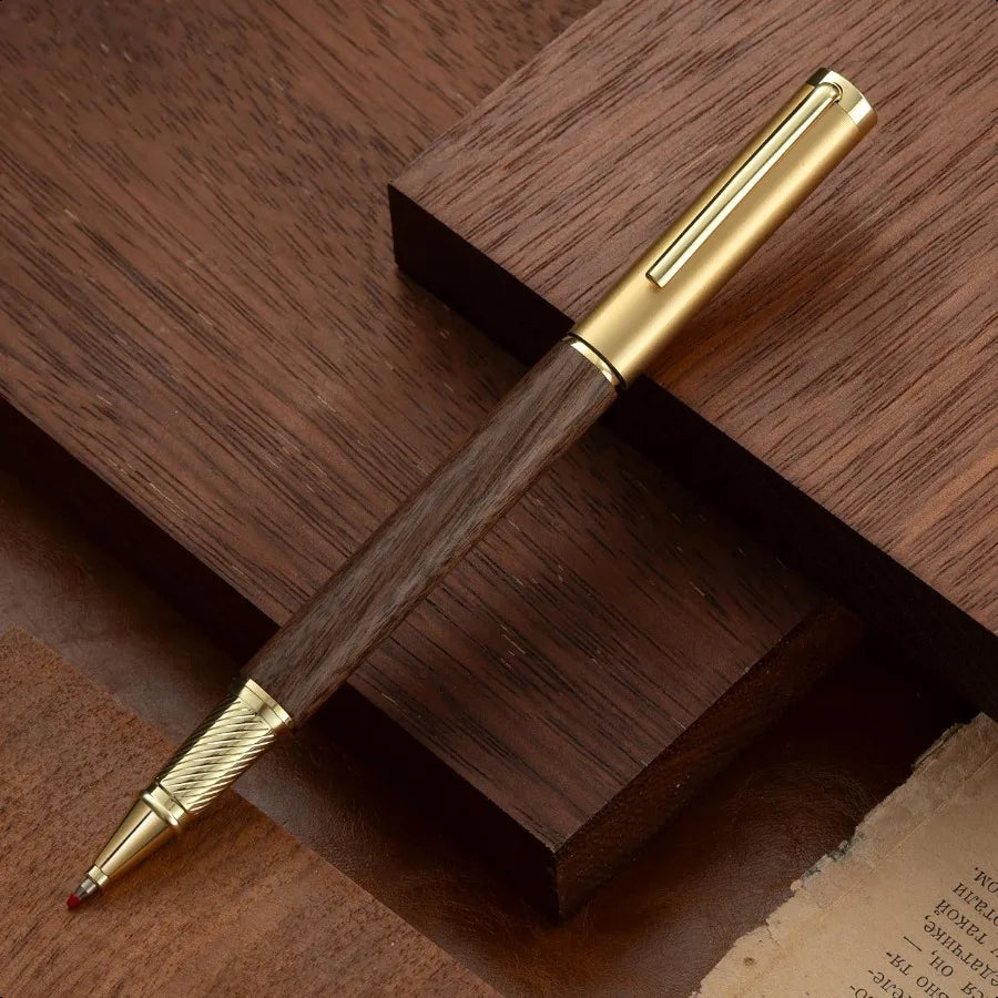 Luxury wooden and metal rollerball pen set with spare gel ink refillrosewood white oak walnut wood signature roller