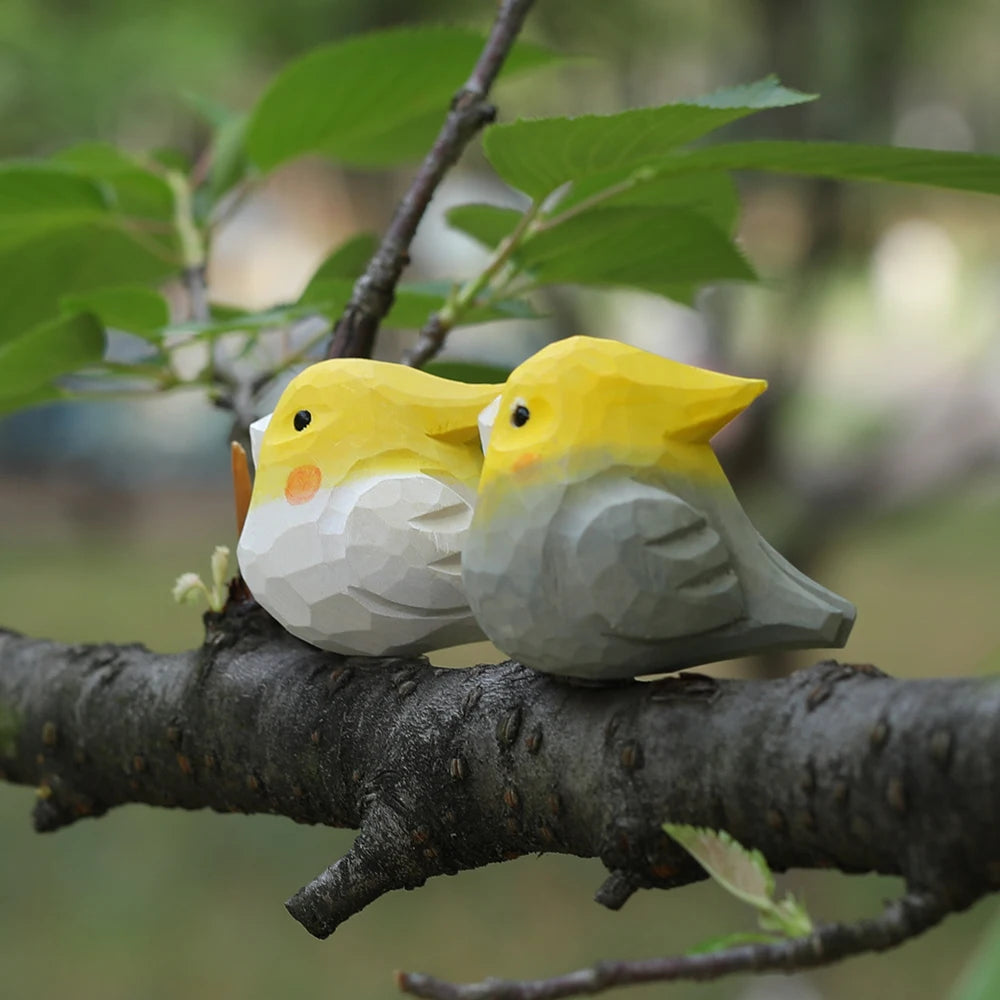 Hand-carved cockatiel figurine - wooden parrot decor for home/office unique bird lover gift cute yellow crested