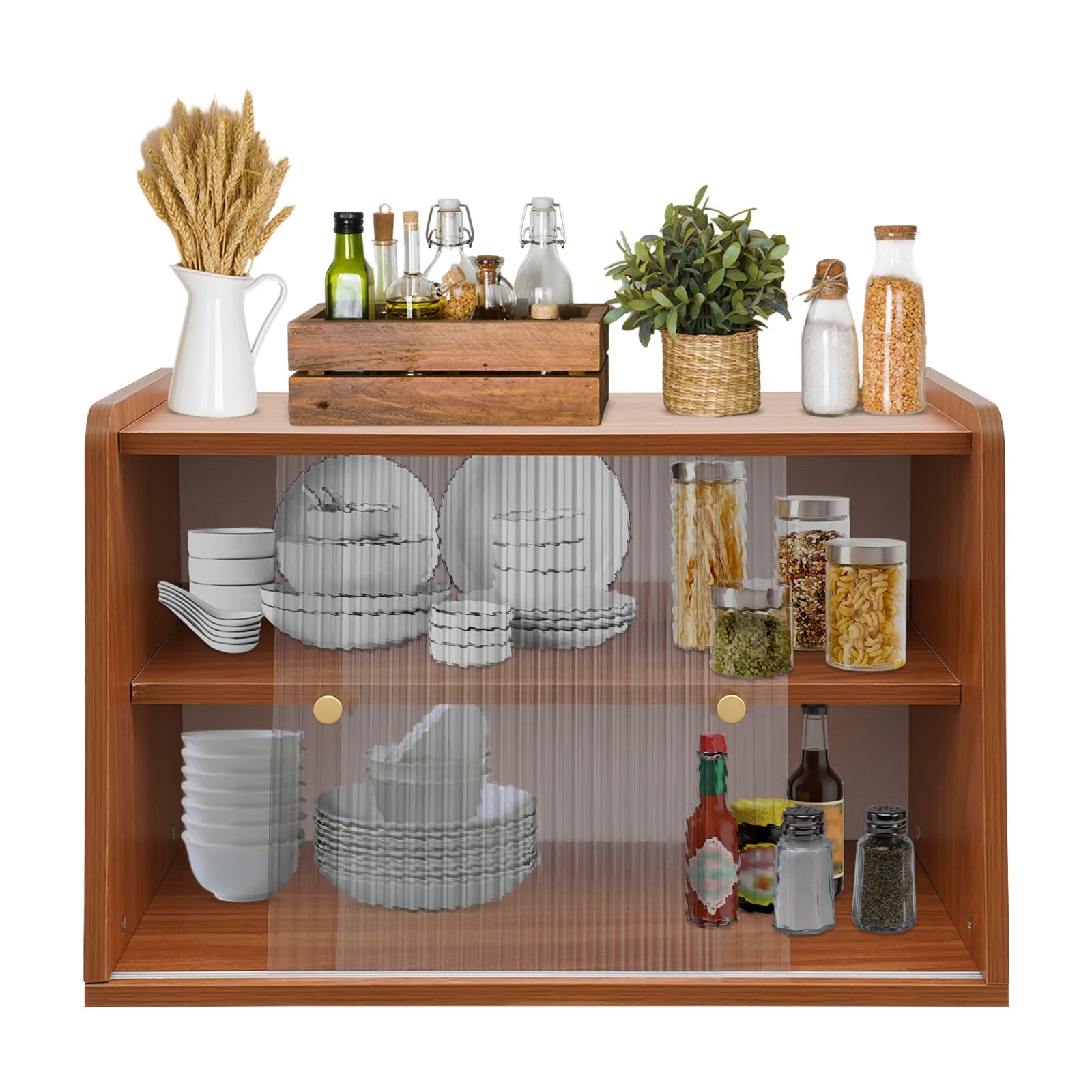 2-tier countertop storage cabinet bread box for kitchen counter pantry sideboard with sliding doors dishes bowls