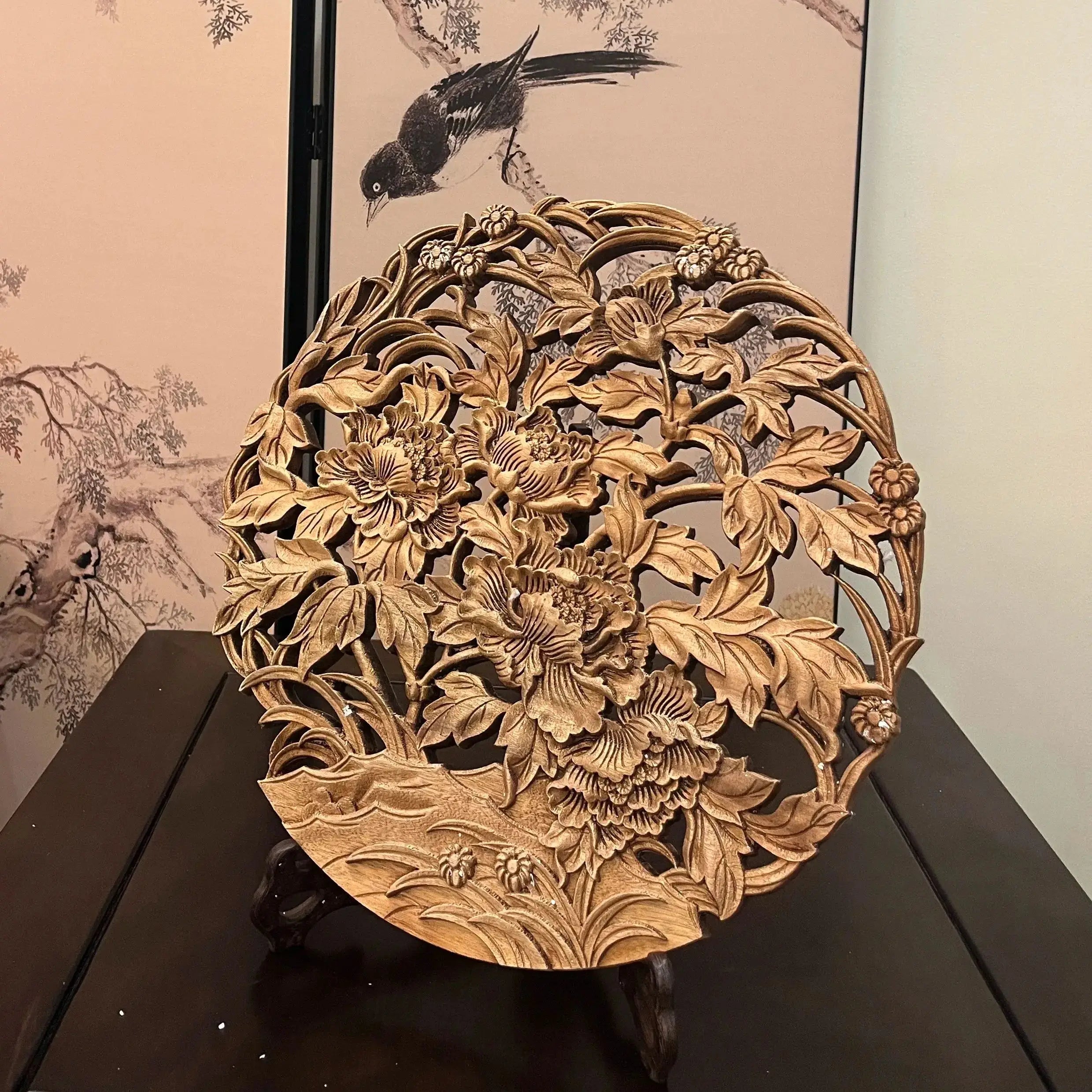 Chinese style wooden wall art camphor wood carving round floral bird decor for living room & bedroom decoration