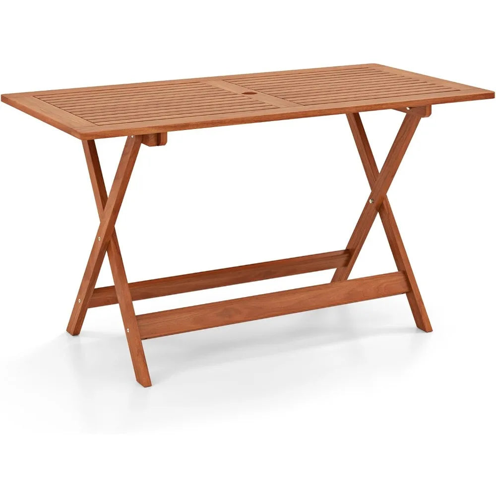 Outdoor dining table solid wood long tables with 2’’ umbrella hole & x-shaped support legs patio for porch balcon