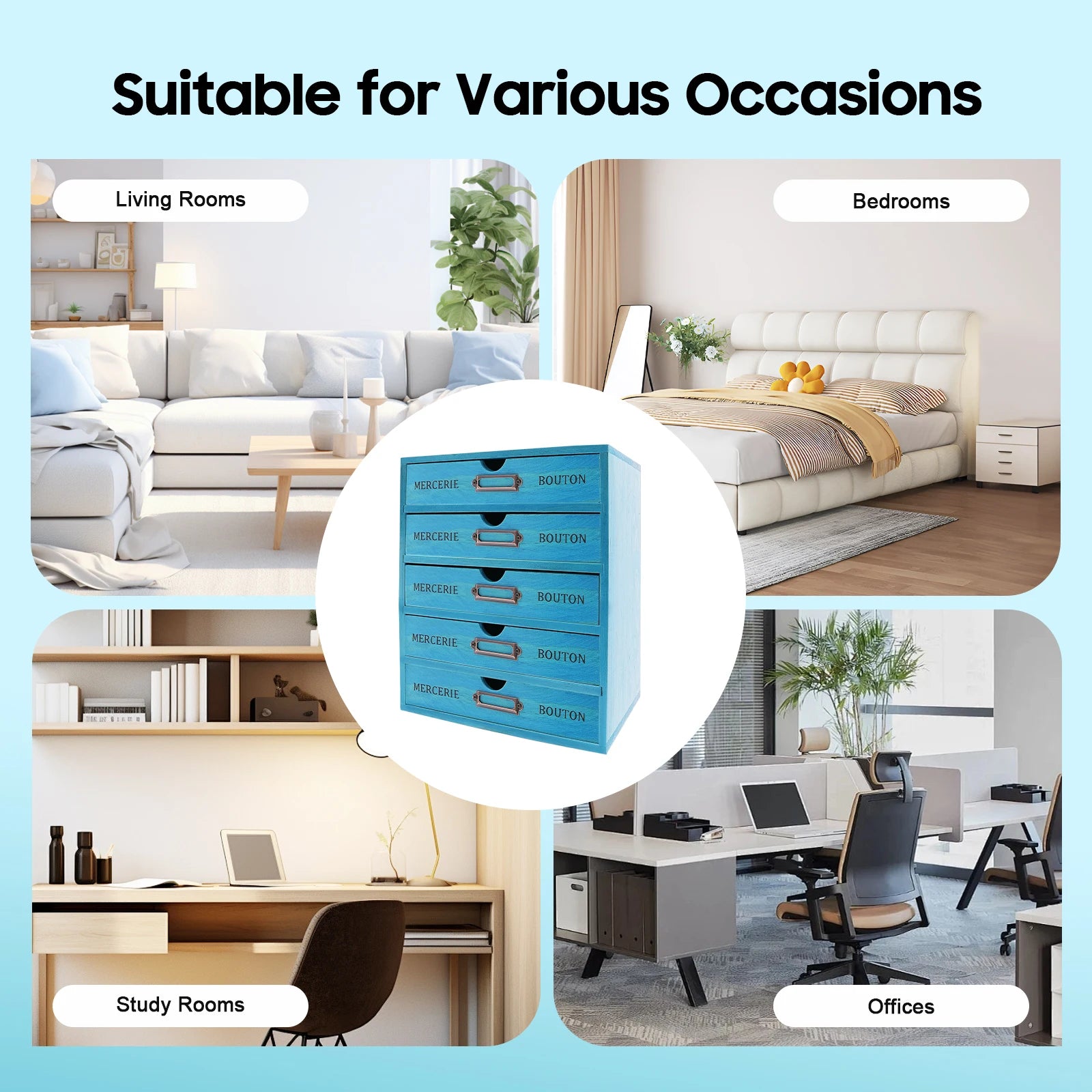 5-tier drawer organizer pine wood vintage blue spacious storage desk file with label holders - united states