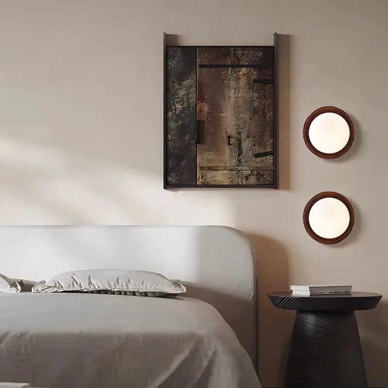 Wabi-sabi style nature wood walnut color bedroom bedside wall lights milky white round glass lamp for hallway stair