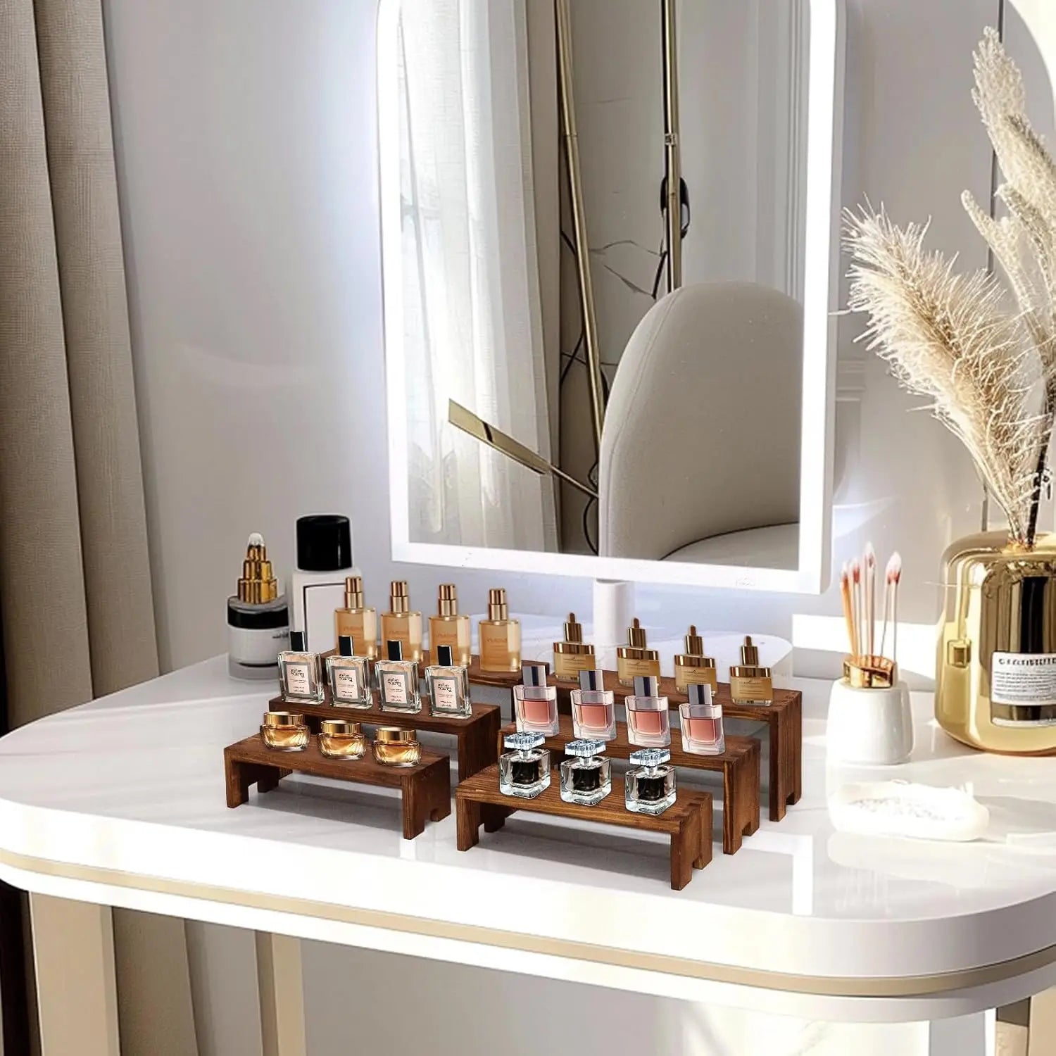 Display wood risers wooden stand 3 tier racks decorative rectangular 2 set 6 piece cupcake stands cologne perfume
