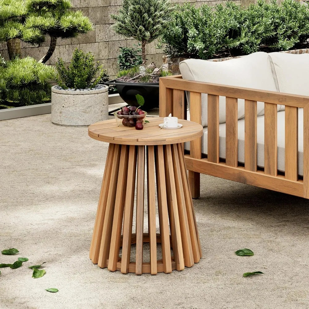 Acacia wood round patio coffee table with unique wooden base suitable for backyard and stylish indoor outdoor
