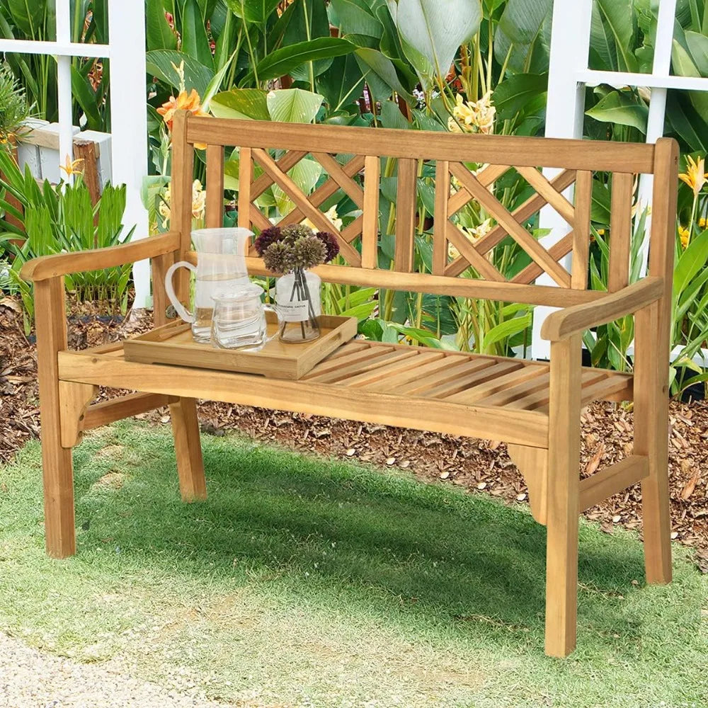 4 ft foldable outdoor bench acacia wood outside loveseat with curved backrest and armrest 705lbs weight capacity