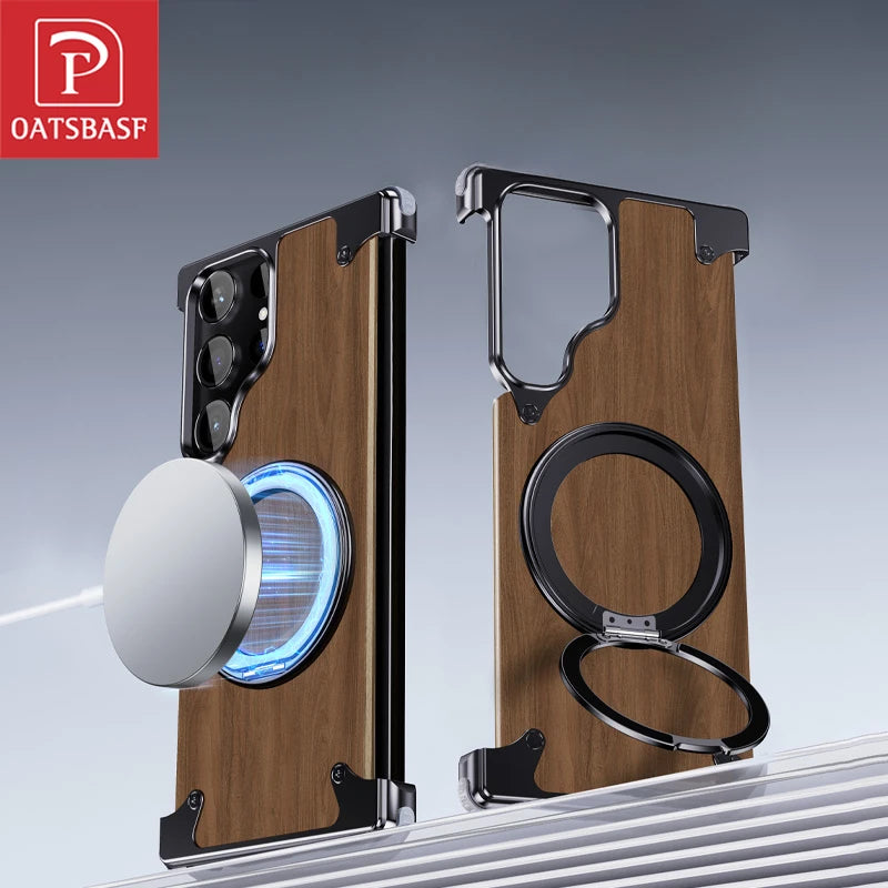 Oatsbasf wooden phone case for samsung galaxy s24 ultra magsafe protective cover walnut bumper w/360°rotatable ring