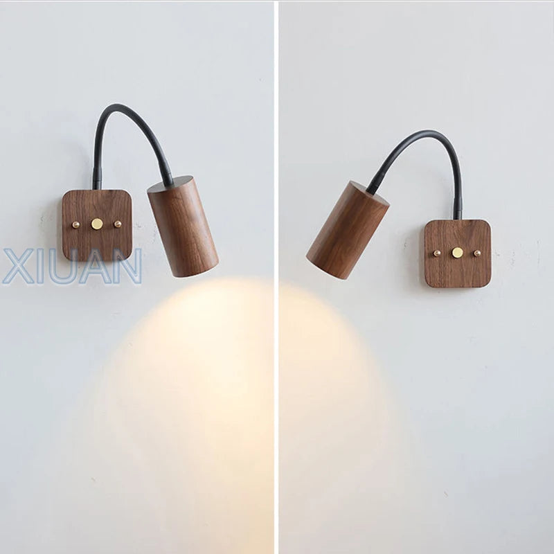 Vintage retro walnut wood color wall lights 360 degree rotatable lamp arm japanese bedroom bedside reading with switch