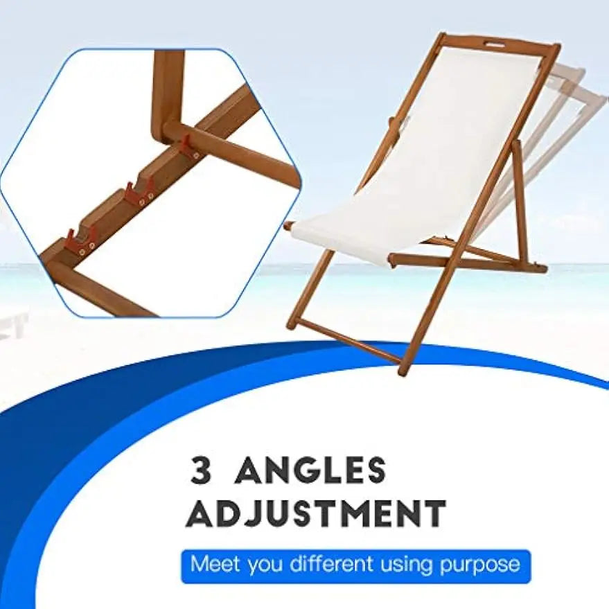 Beach sling patio chair for relaxing foldable with adjustable height made from eucalyptus wood white polyester,khaki