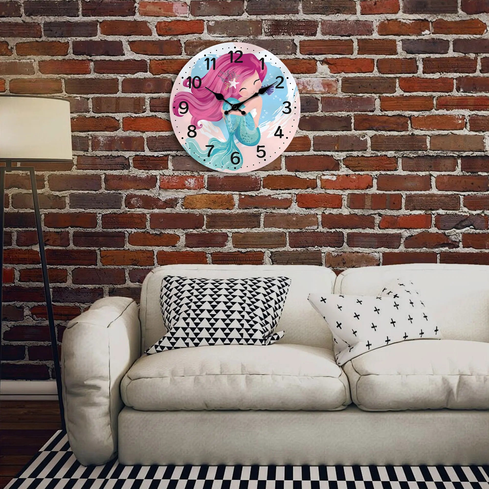 A cute mermaid wooden wall clock sea beach theme battery powered silent quartz living room kitchen bedroom bathroom