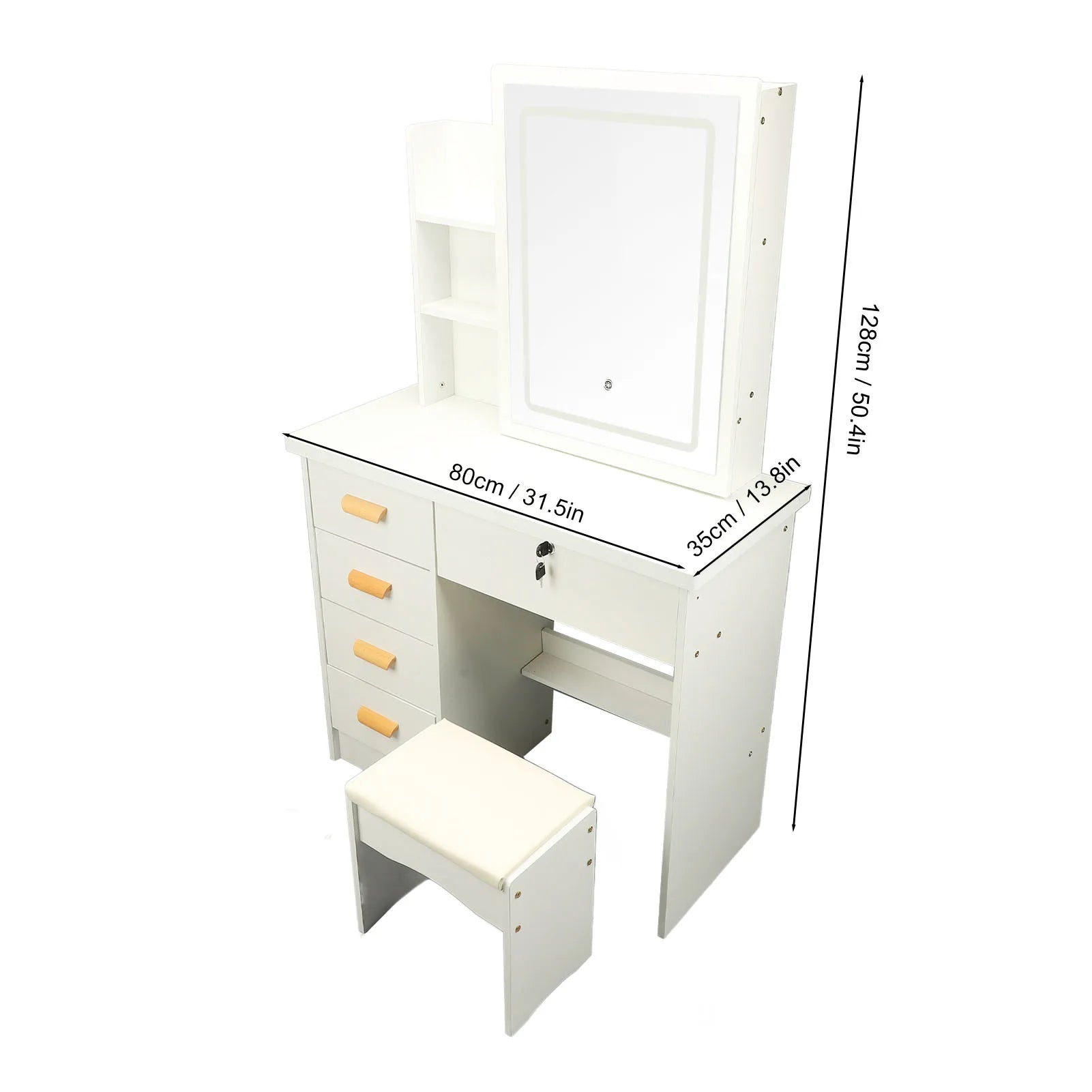 Dressing table modern multi functional lighted mirror vanity desk with drawers shelves padded stool for bedroom - white