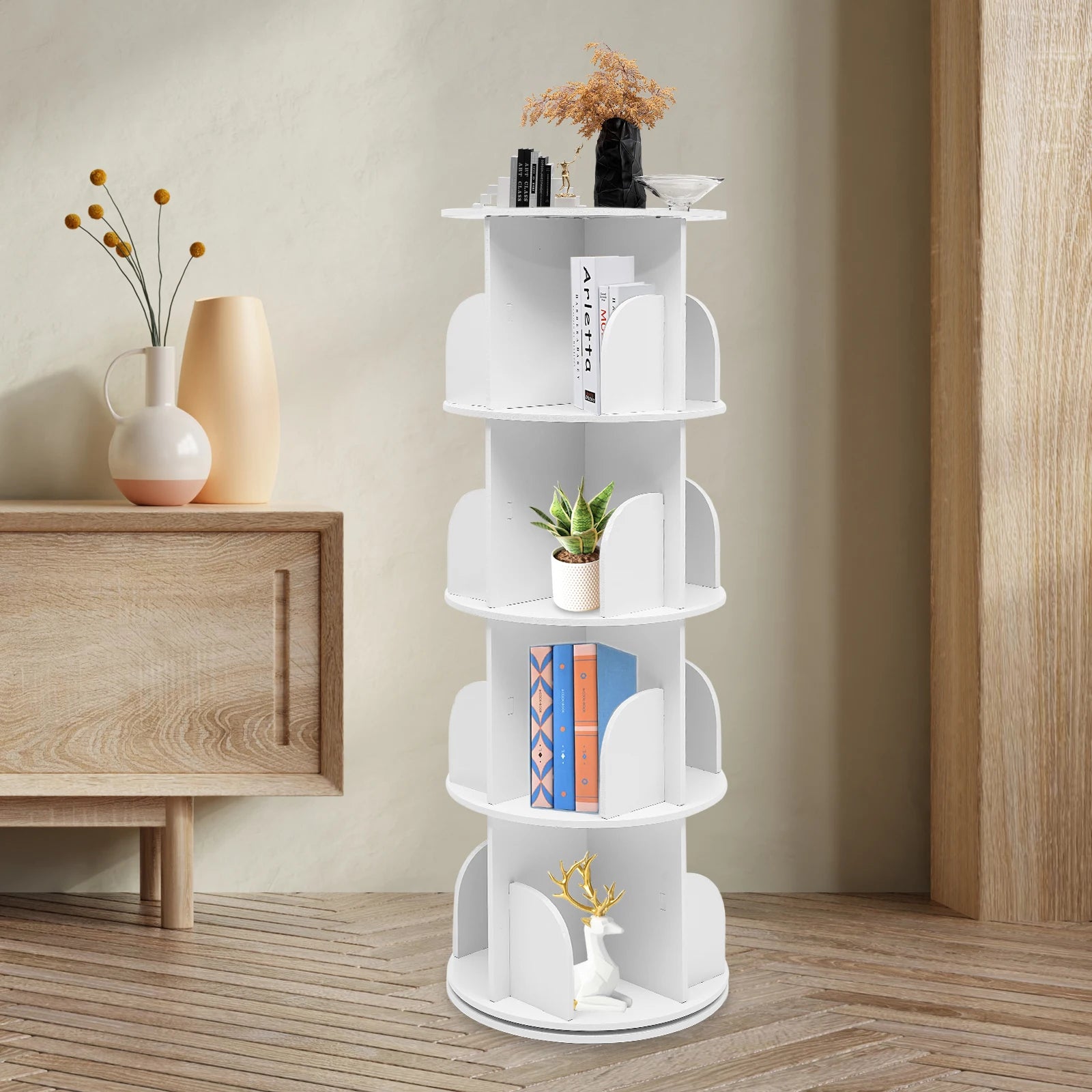 2/4-tier wooden rotatable bookshelf - 360°display floor standing storage rack white multifunctional organizer