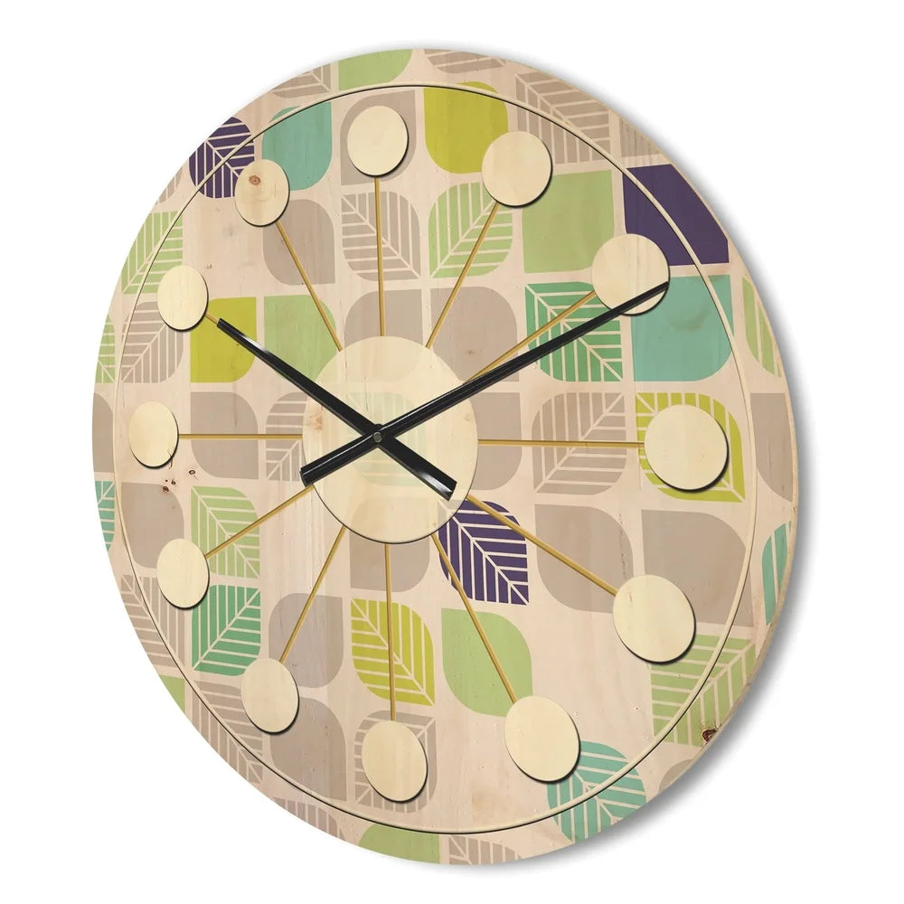 Mid-century modern wood wall clock geometric pattern natural pine art ready to hang unique home decor with battery