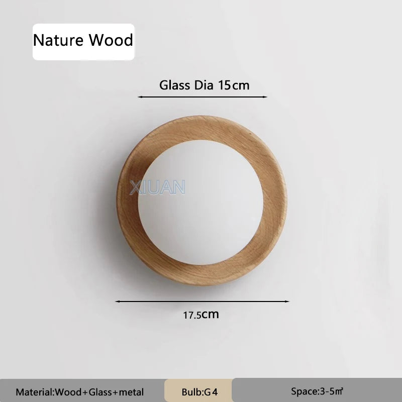 Wabi-sabi style nature wood walnut color bedroom bedside wall lights milky white round glass lamp for hallway stair