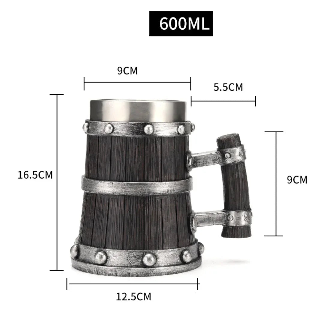 Viking wood style beer mug 3d resin stainless steel coffee cup wine glass metal double wall jug thermal - 119 / 600ml