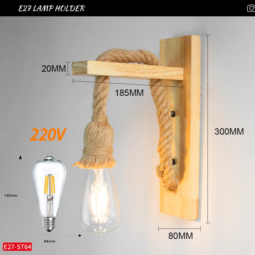 Retor hemp rope wood wall sconce lamps 110v 220v modern bedside light fixtures indoor bathroom room for home decor