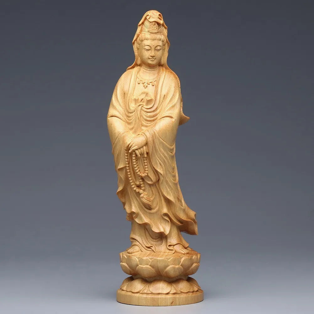 Wood carving avalokitesvara bodhisattva buddha statue boxwood arborvitae figure of home decor crafts offering ornaments