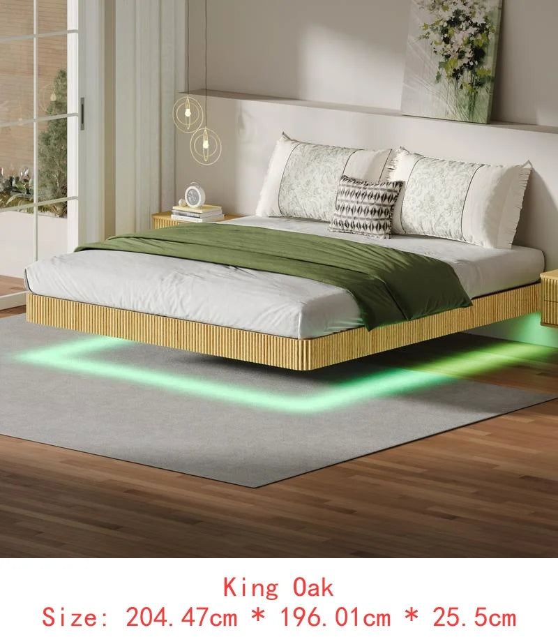 Walnut floating bed frame with led lights wave curve wood texture heavy duty metal slats no box spring required stylish