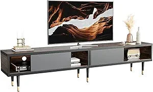 Mid century modern tv stand for 85 inch tv entertainment center with storage and sliding doors 2 in 1 long cabinet liv