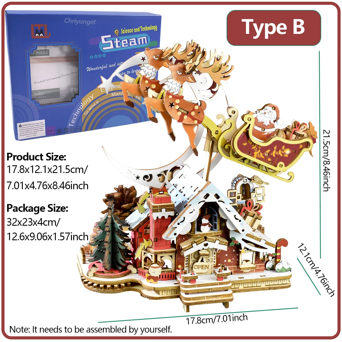 Chriyungel christmas music box diy assembly 3d wooden puzzles rotating model building kits decor xmas gift for adults