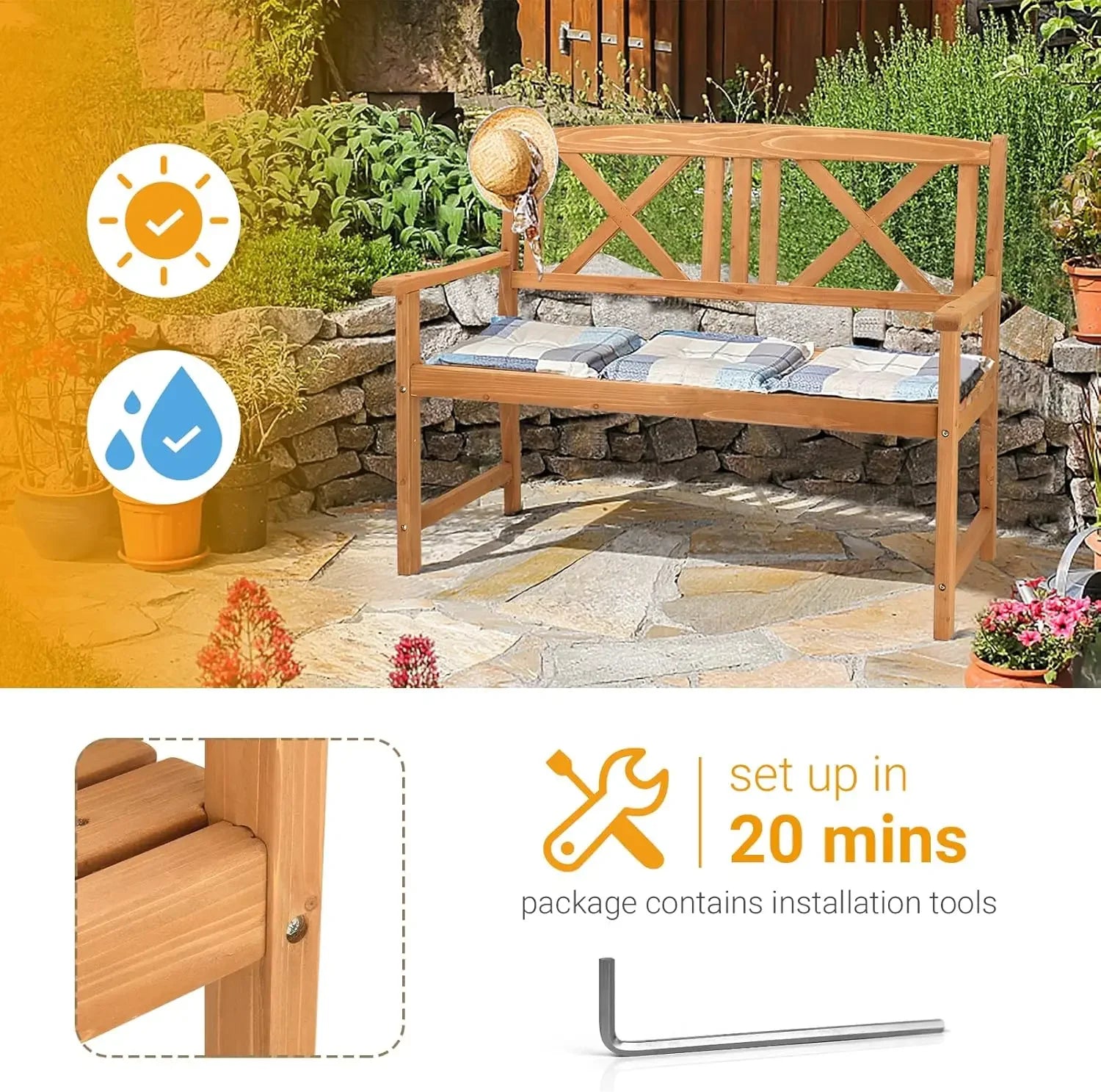 Wooden garden bench outdoor wood patio rustic 2-person loveseat chair w/armrest for porch poolside park backyard