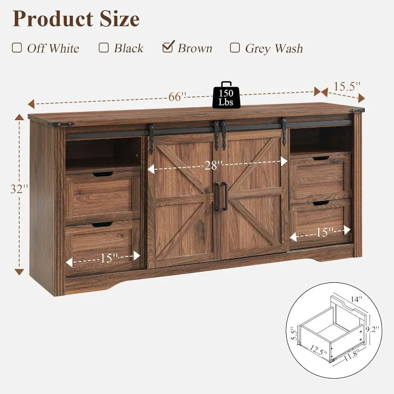 Farmhouse tv stand for 75+ inch 32’’ tall entertainment center w/4 drawers & sliding barn door - united states