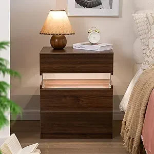 Led nightstand wood for bedroom bedside table with 3 drawers modern side tables - united states / walnut