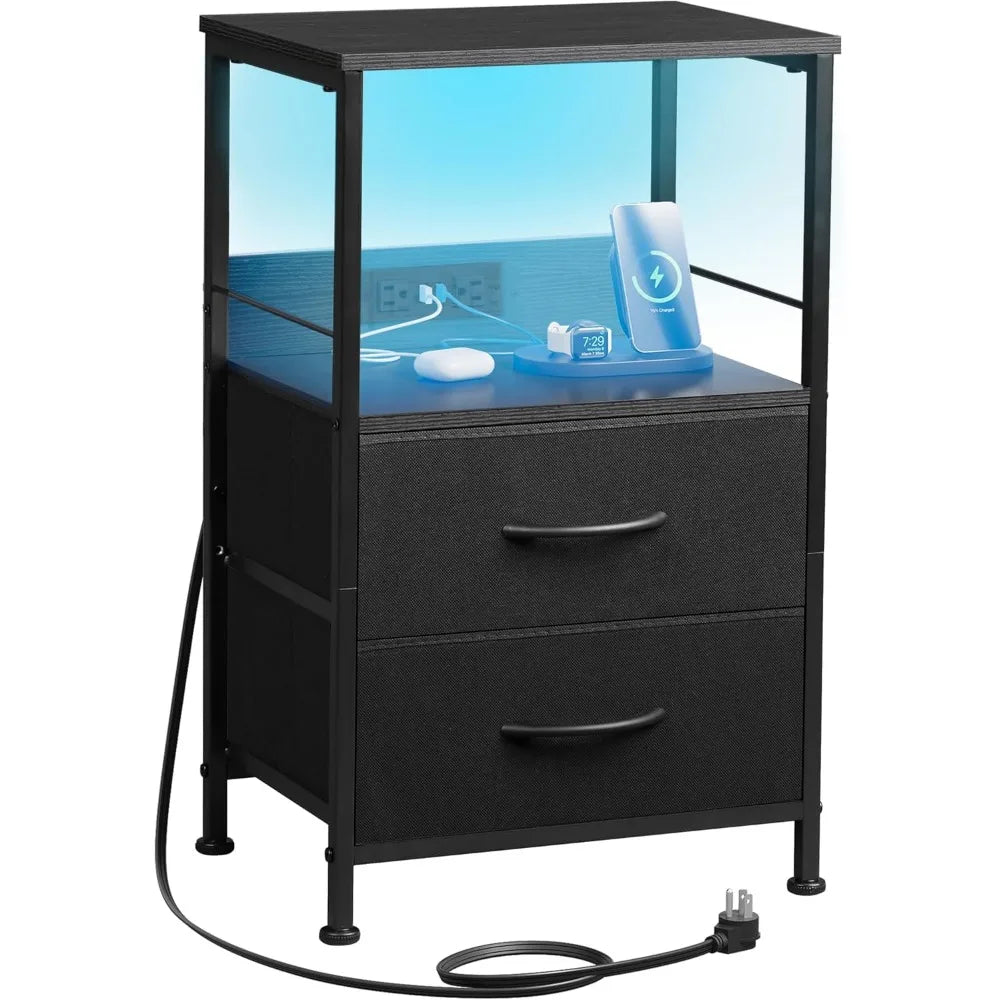 Night stand with charger station black nightstand 2 fabric drawers and storage shelf led bedside table bedroom small en