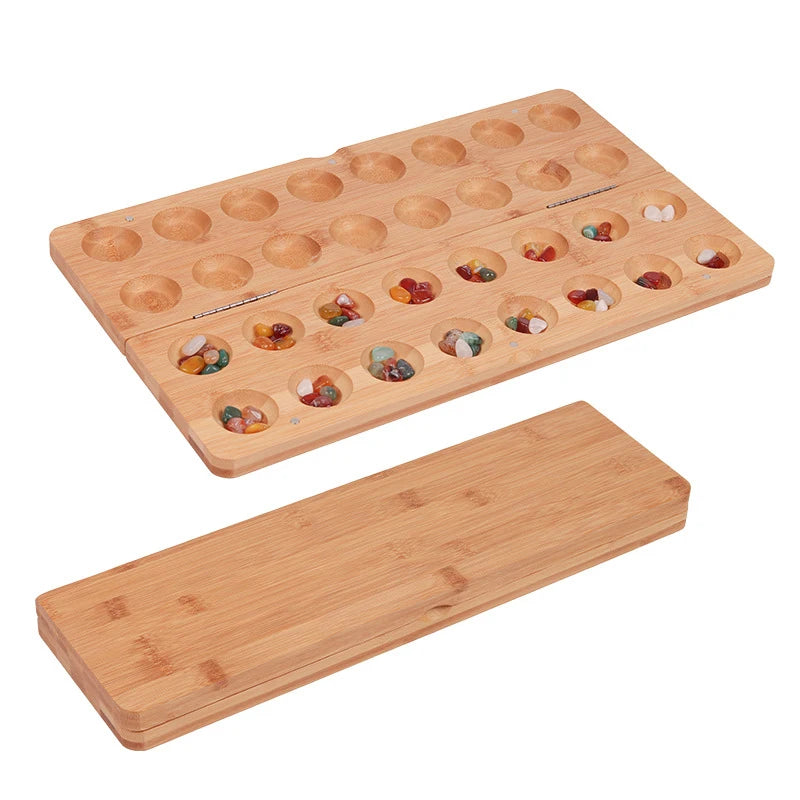 Bamboo mancala board game set folding wooden chess with 65 multi color stones strategy-based