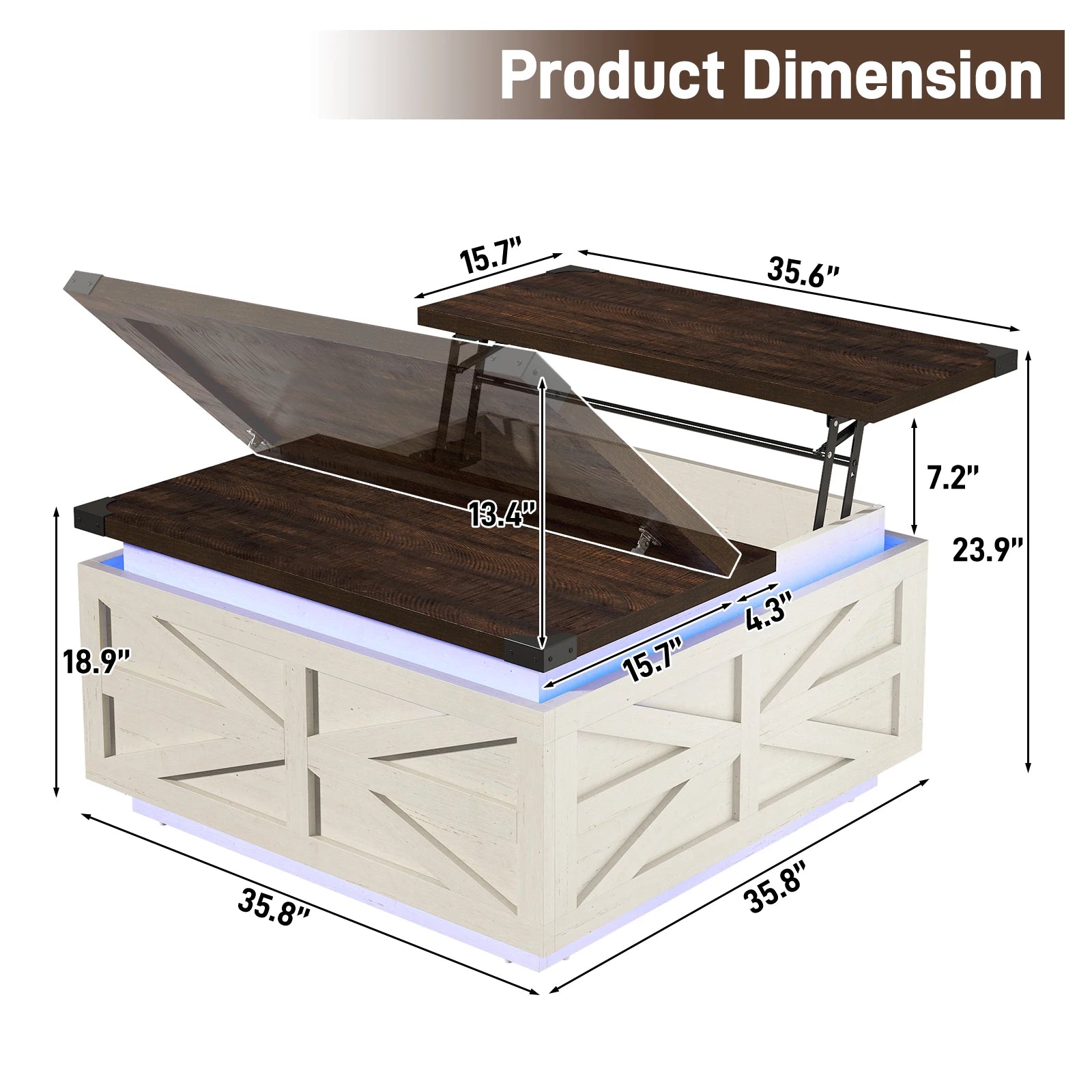 35.8’’ farmhouse lift top coffee table with storage square led lights wood center hidden - wtbr / united states