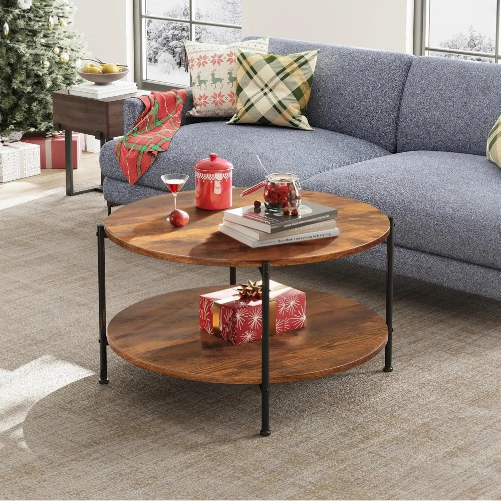 Two-tier circular wood coffee table with storage shelf 32.6 for living room and apartments - rustic brown / united