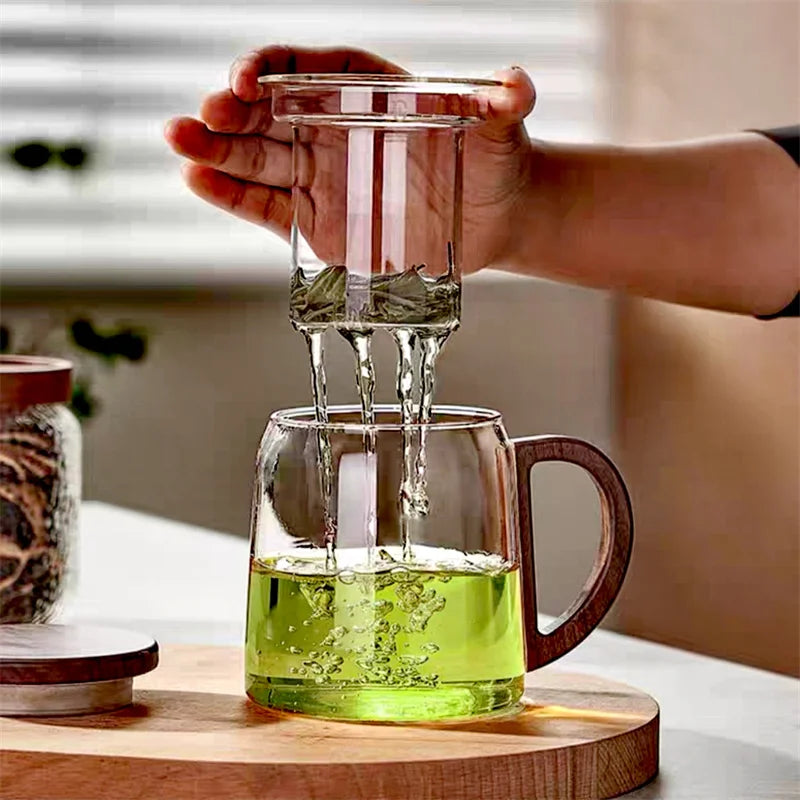 Tea water separation glass cup with walnut wooden handle chinese heat resistant puer filter cups kung fu set