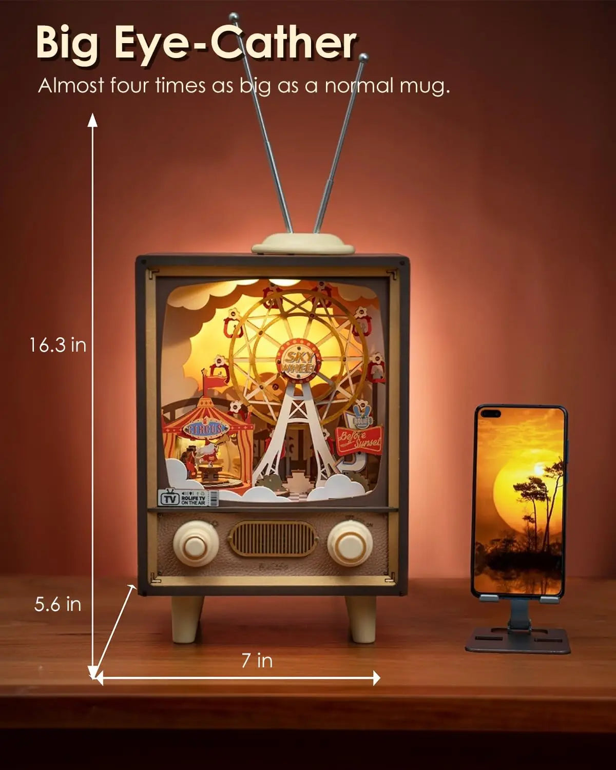 Robotime rolife sunset carnival 3d wooden puzzle music box with lights ferris wheel design home decor luxurious toy