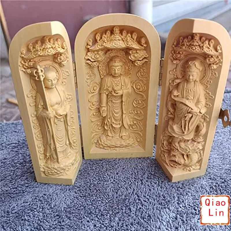 Solid wood carving three open buddha statue collapsible sculpture living room and bedroom decoration modern art