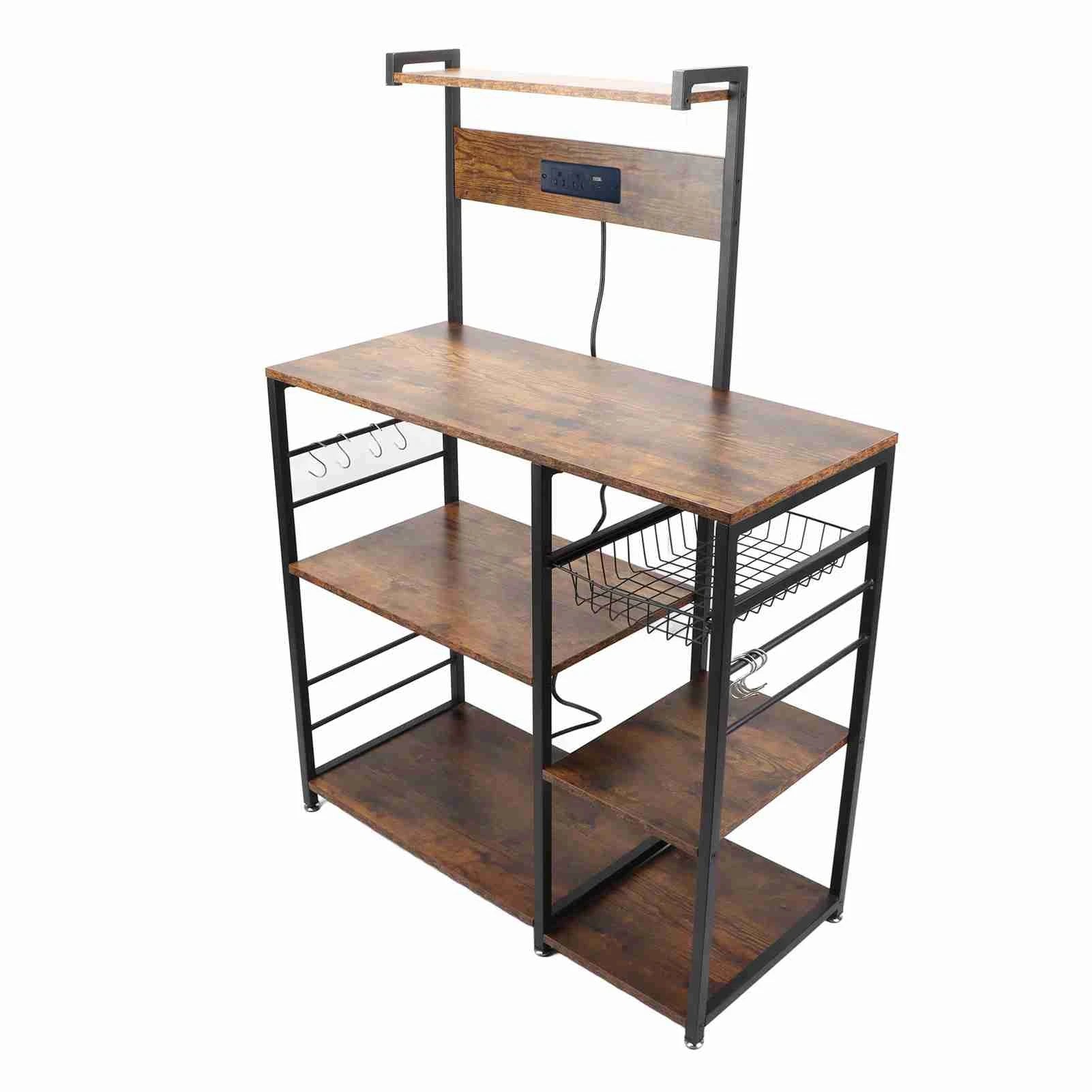 Kitchen bakers rack steel wood multi tier microwave oven stand rust resistant coffee bar station utility storage shelf