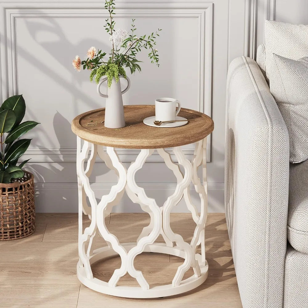 Farmhouse end table 18.5’’ french country round side distressed tray top wood with curved motif frame base fo - united