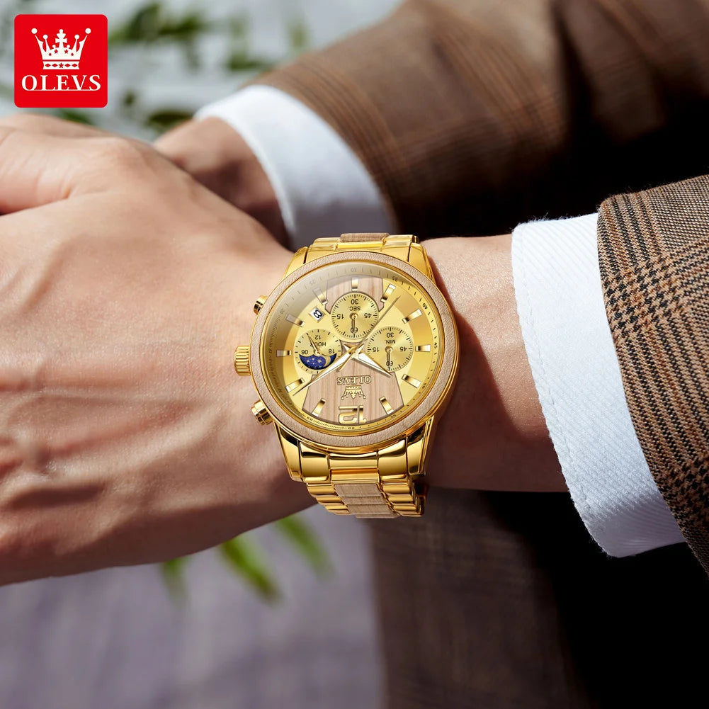 Olevs 3645 mens watch top brand business original quartz solid wood multifunctional chronograph moon phase reloj new