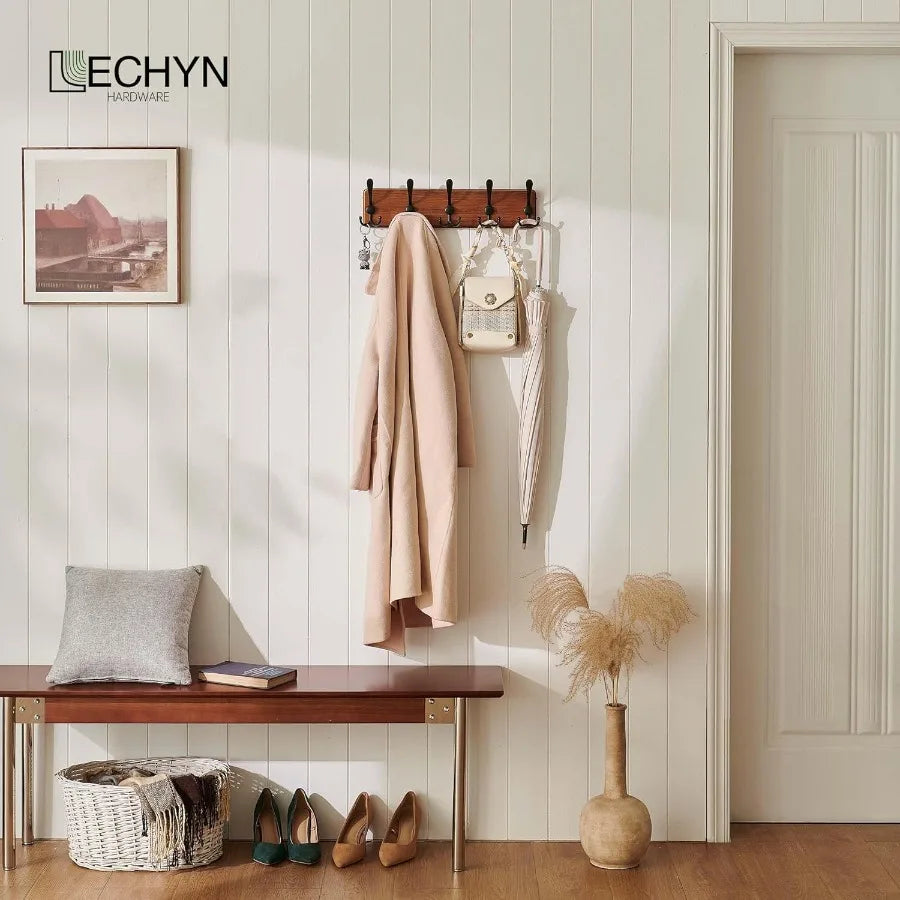 Rustic wooden coat rack wall mount with 5 hooks for farmhouse style entryway or hallway heavy duty hanger natu - united