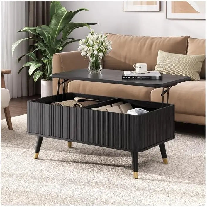 Lift top coffee table with storage,mid century modern table,fluted wood rectangle center for living room,office