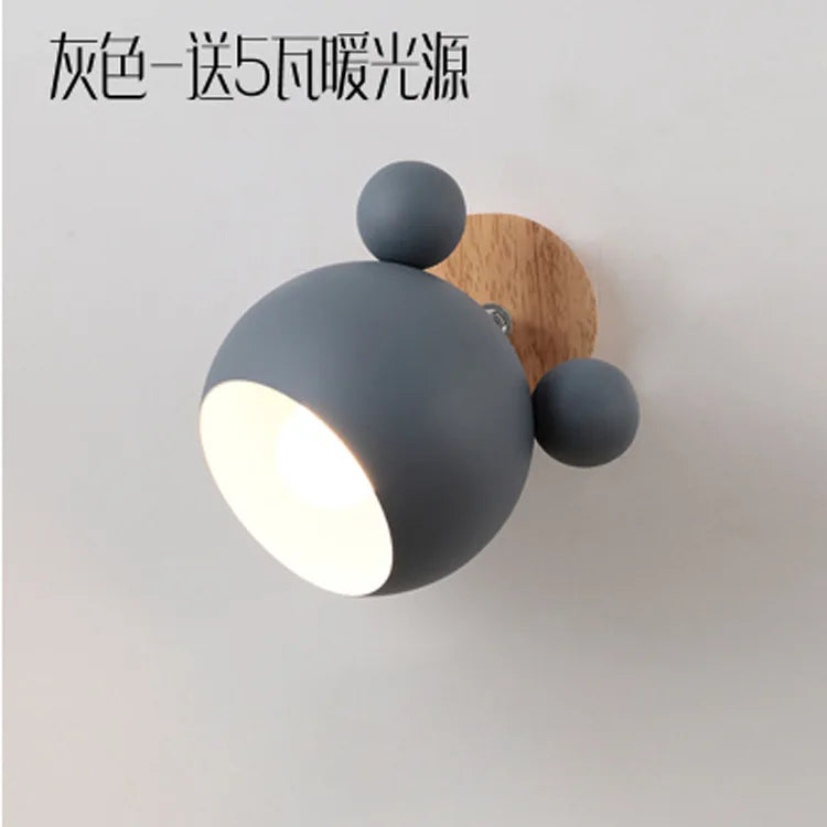Nordic creative macaron simple personality bedroom mickey cartoon warm children’s room bedside lamp wooden wall - gray