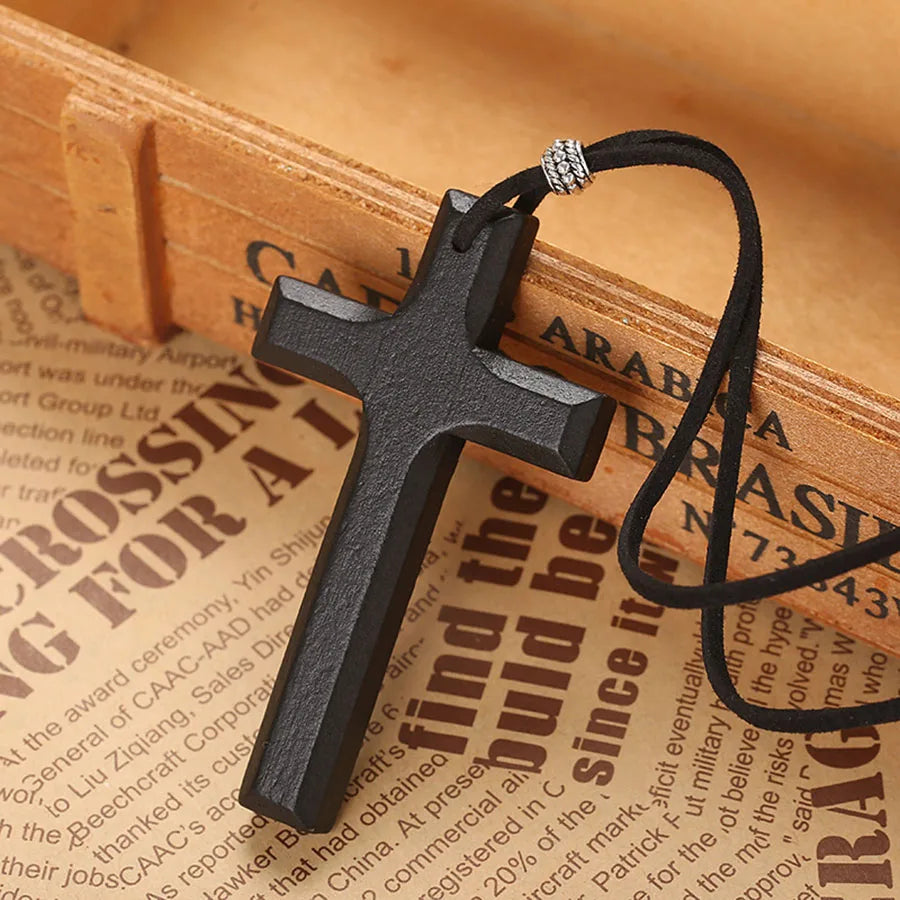 Unique wooden cross pendant necklace men black brown 80cm long collar adjustable prayer amulet jewelry homme daily neck