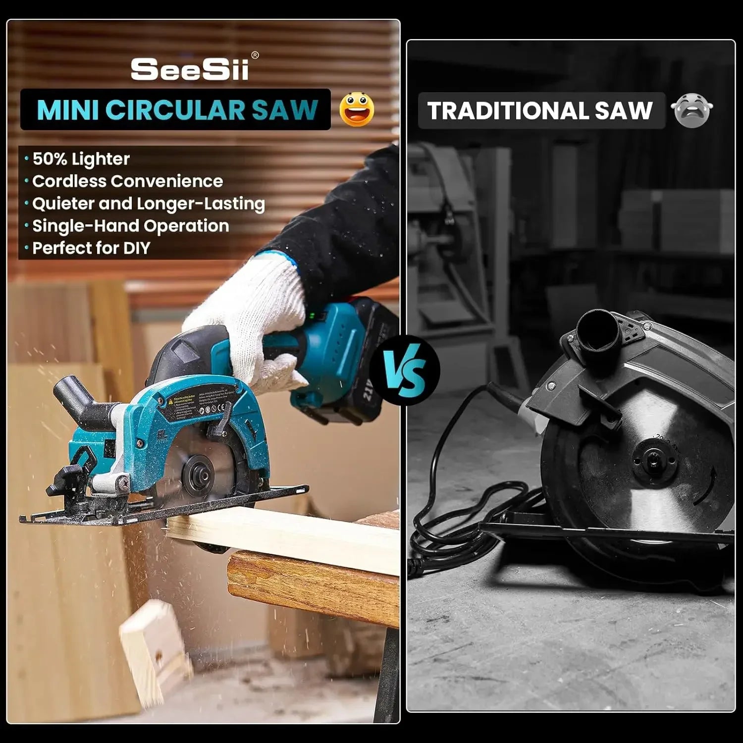 Seesii cordless mini circular saw 4-1/2’’ electric compact 5380rpm for cutting wood plastic soft metal power tools