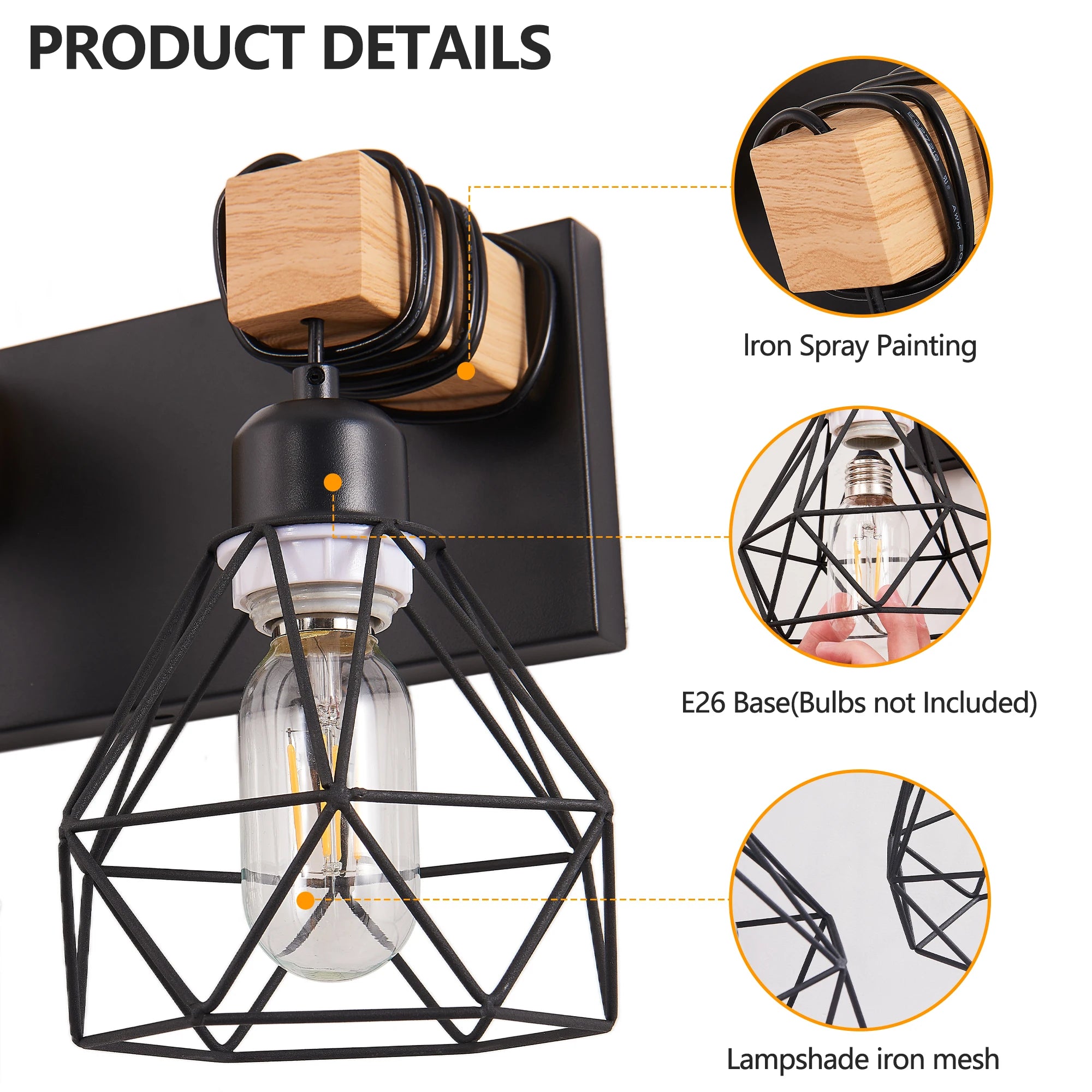 24’’ modern geometric 4-light vanity light fixture with black metal wooden accents and cage lampshade - united states