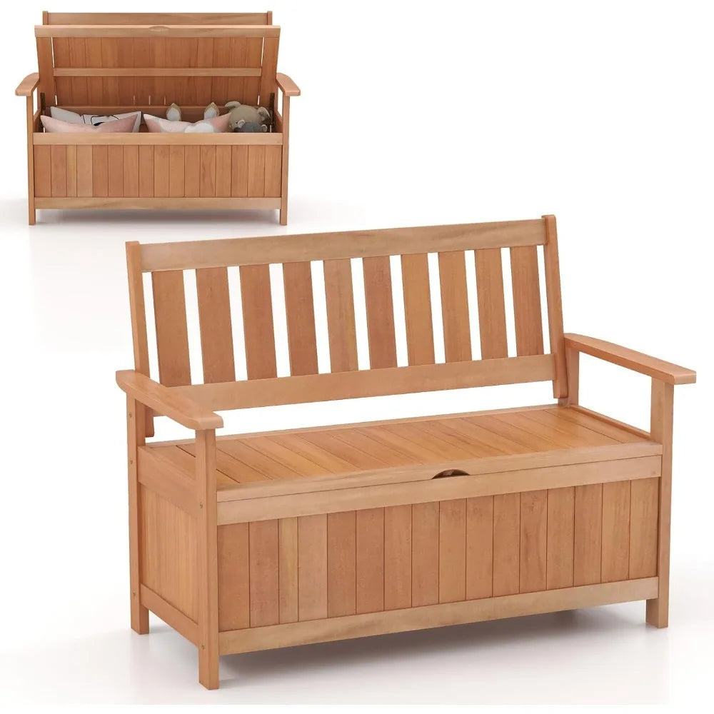 48 inch patio storage bench wood loveseat with 34.2 gal inner space entryway large deck box w/slatted backrest woode
