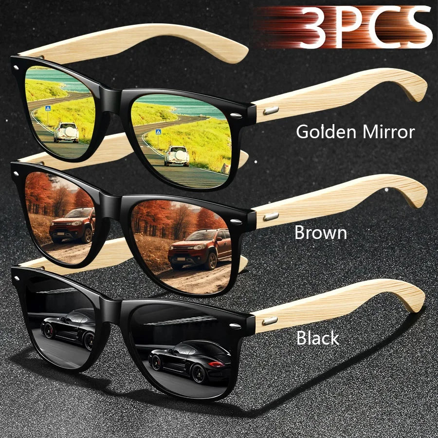 3pcs fashion vintage bamboo wood square sunglasses men women fishing driving man luxury brand designer sun glasses