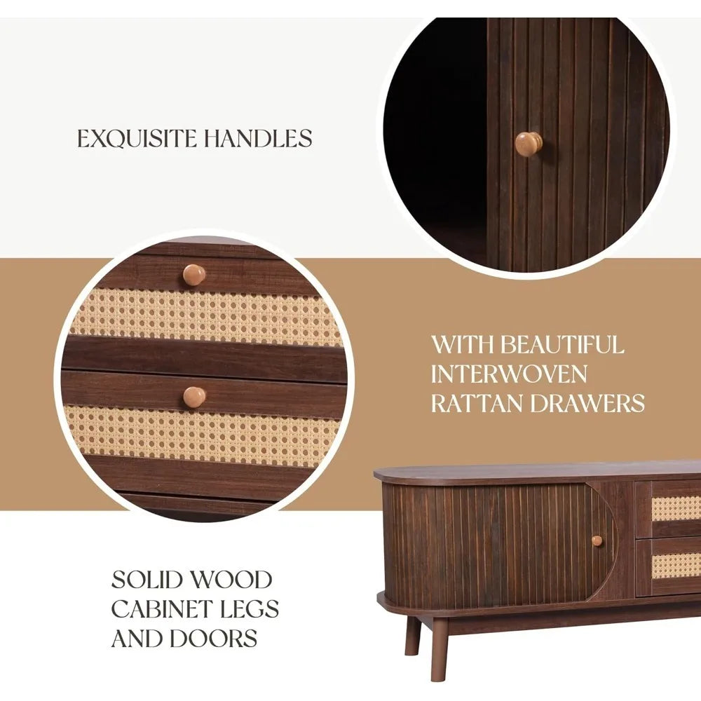 Modern fluted tv stand for 75’’ tvs – mid-century entertainment center with tambour door & rattan-fronted media console