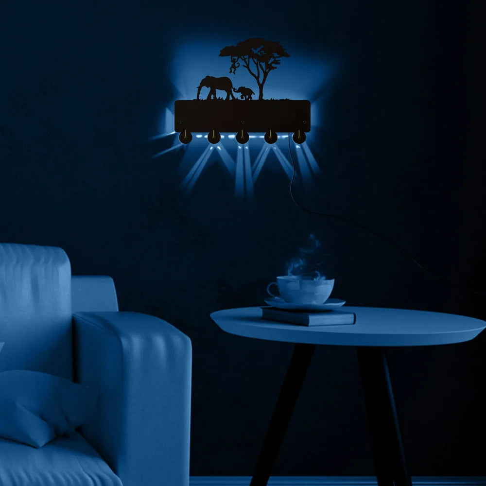 Elephant family handicraft wooden wall decor hanging key holder decorative organizer rack with 5 hooks