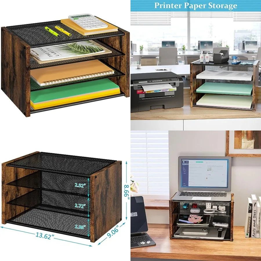3-tier stackable wooden and metal mesh desk organizer for office supplies rustic brown paper letter tray