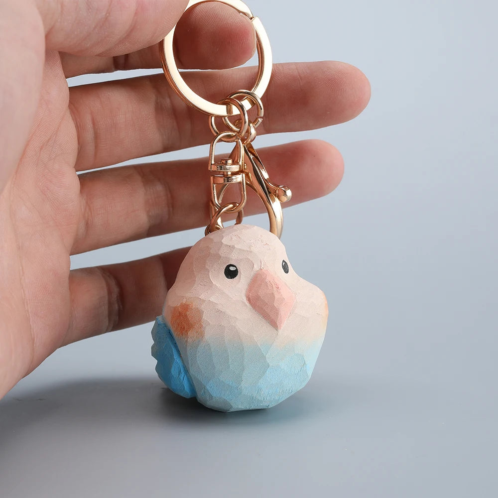 Handcrafted green parrot keychain wooden sculpture bag charm car key holder blue keyring handmade gift christmas - chain
