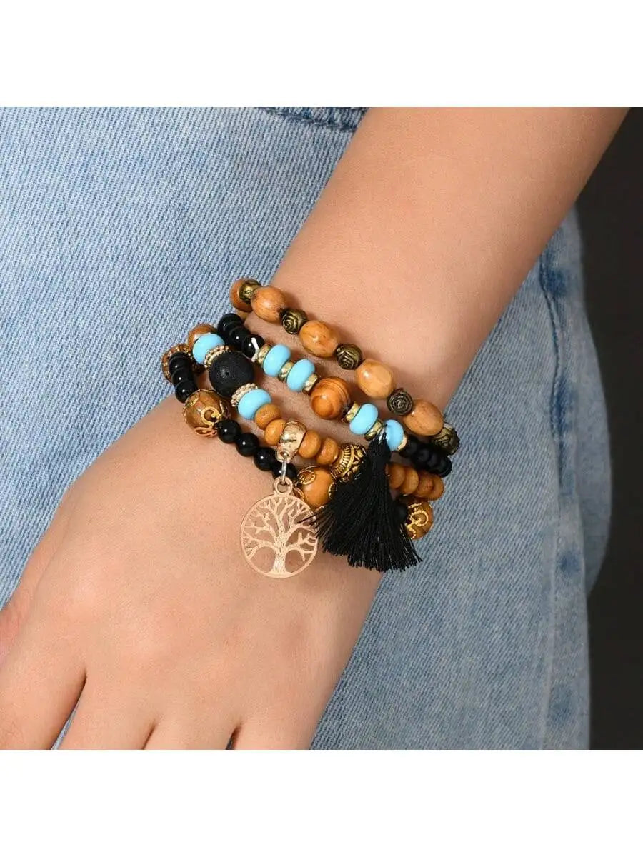 Bohemian style multi-layer wooden bead bracelet elastic hand jewelry hollow tree of life tassel pendant - united states